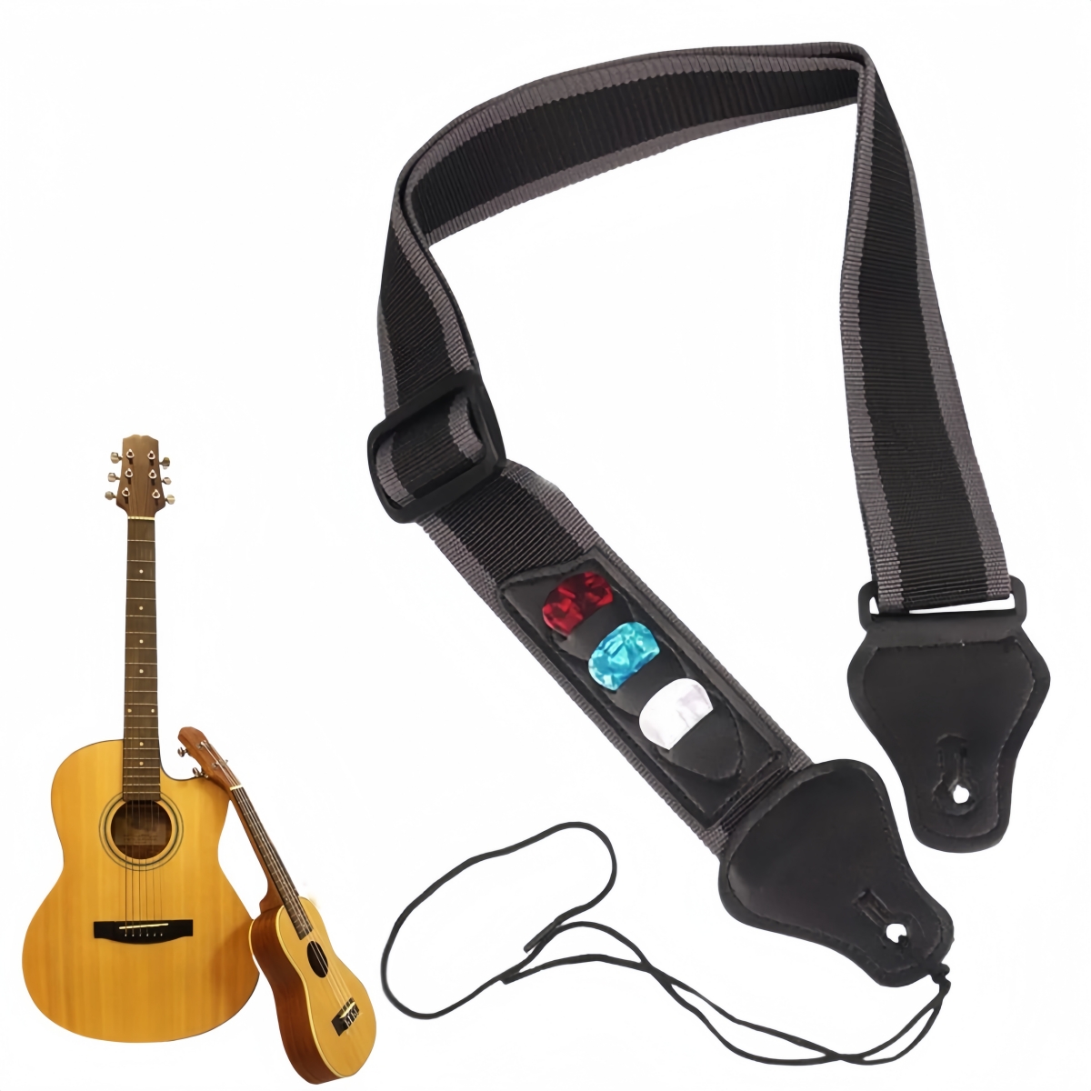 Musical Instrument Band - สายสะพายกีตาร์หนัง PU มิวาเยอร์,สายสะพายไหล่ปรับได้พร้อมที่เก็บปิ๊กกีตาร์ 3 ชิ้นสำหรับเบสไฟฟ้าและอะคูสติก