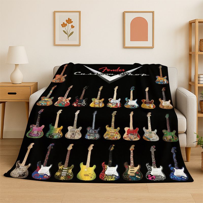 Musical Instrument Logo - โลโก้กีตาร์เรโทรเฟนเดอร์ เครื่องดนตรี ผ้าห่มนุ่มลายดนตรี ผ้าห่มแสนสบายสำหรับเตียง โซฟา ห้องนอน