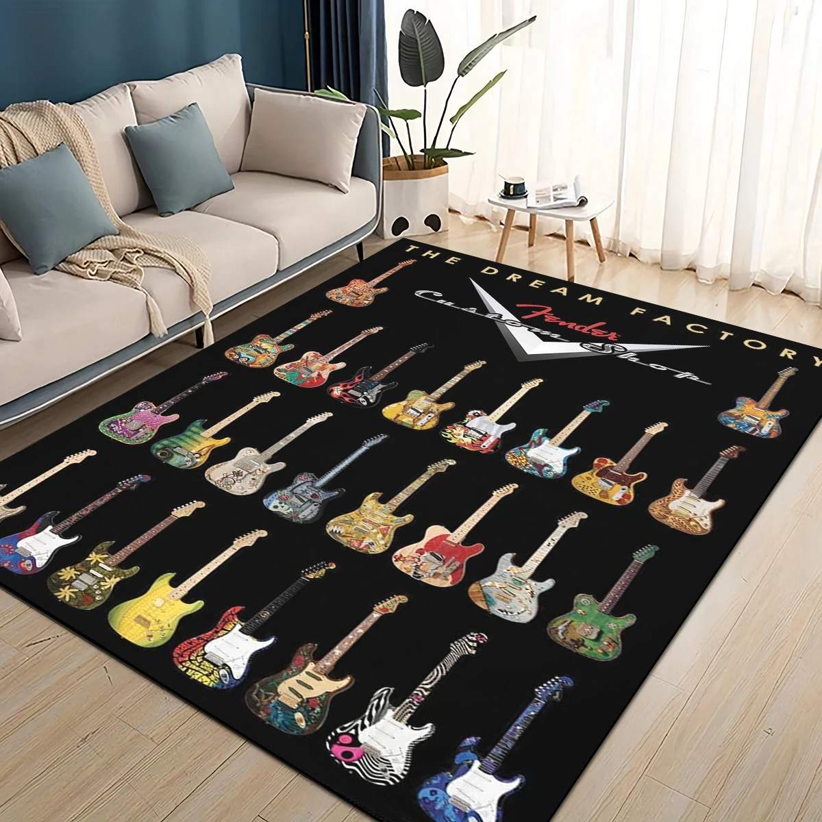Musical Instrument Logo - 3D Retro Fender โลโก้กีตาร์เพลงพรมพรมสําหรับห้องนั่งเล่นห้องนอนโซฟาหน้าแรกตกแต่ง, เด็กแผ่นกันลื่น