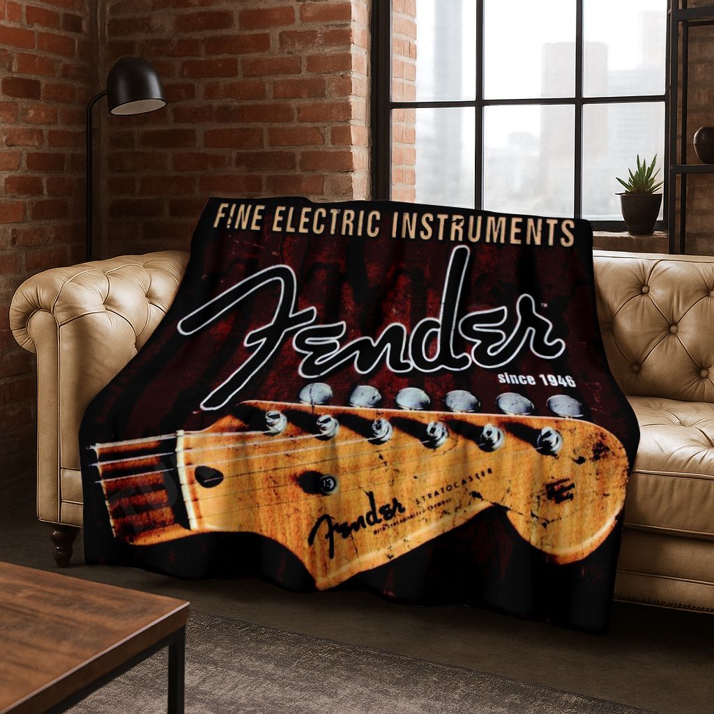 Musical Instrument Logo - ผ้าห่มแฟลนเนลลายโลโก้กีตาร์แฟชั่นเฟนเดอร์ ของตกแต่งศิลปะดนตรี ผ้าห่มนุ่มสบายสำหรับใช้ในบ้าน ห้องนอน คลุมเตียง โซฟา