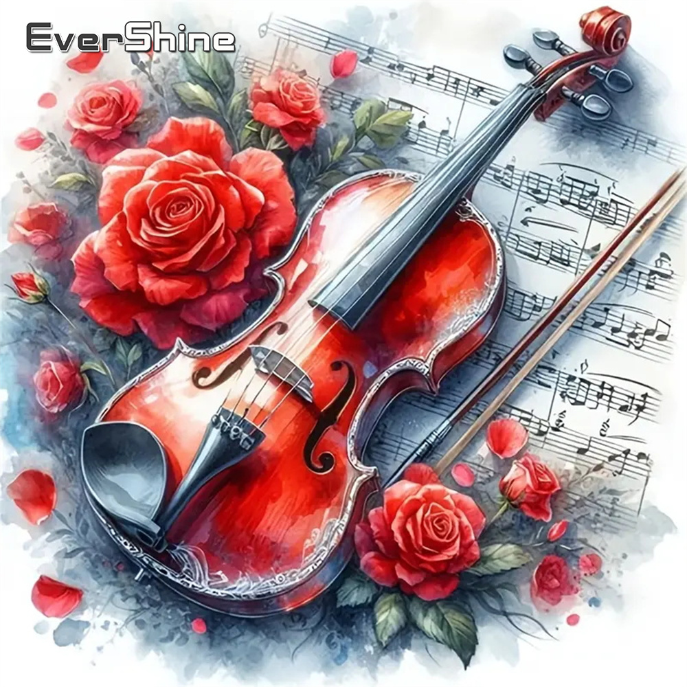 Musical Instrument Cello - ภาพปักเพชร DIY ลายไวโอลิน แบบเต็มสี่เหลี่ยมและทรงกลม ลายดอกกุหลาบ ชุดปักครอสติช