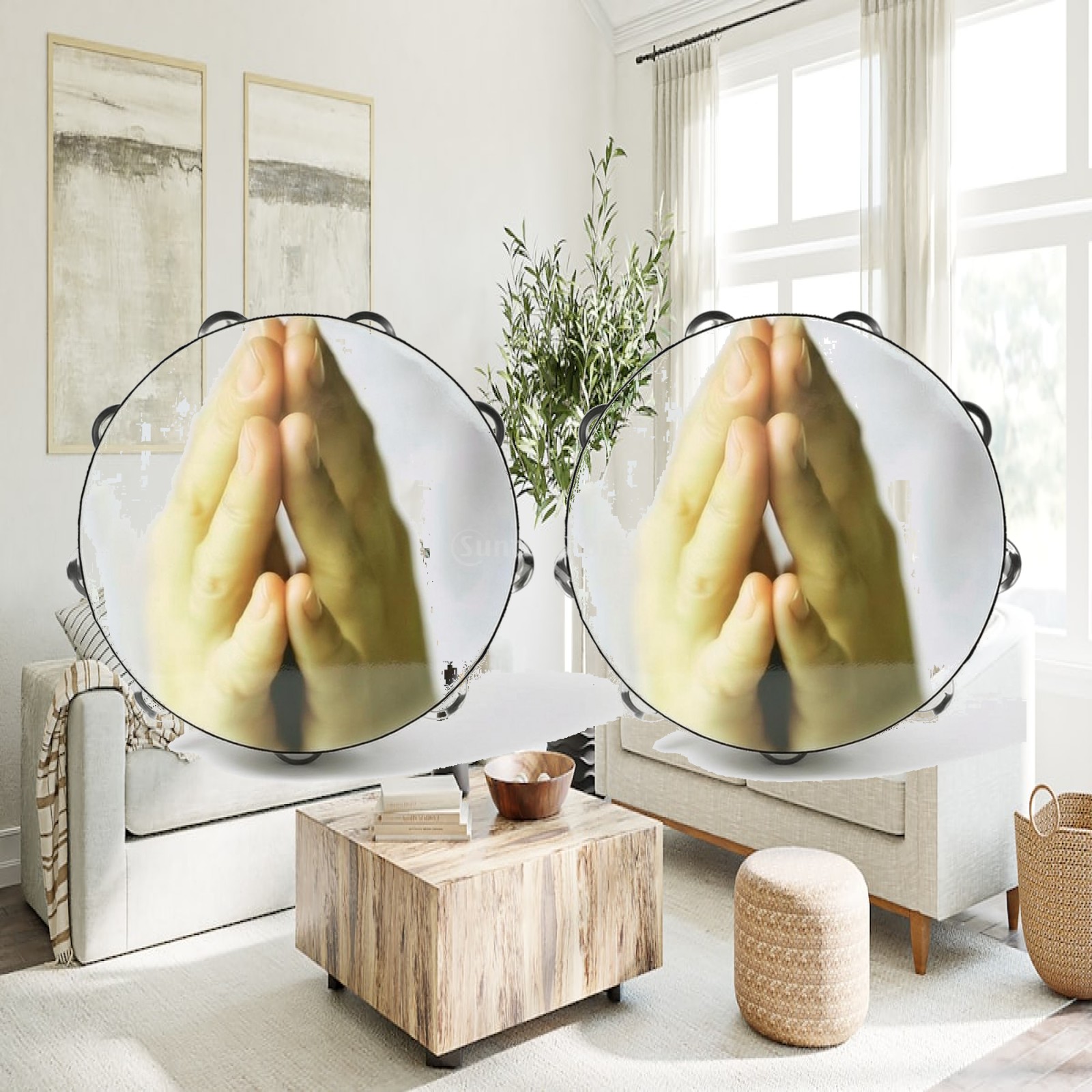 Tambourine Hand Drum - แทมบูรีนสำหรับเด็ก กลองมือไม้เนื้อแข็ง ผิว PET พร้อมกระดิ่งสองแถวและสายสะพายสำหรับชั้นเรียนดนตรี